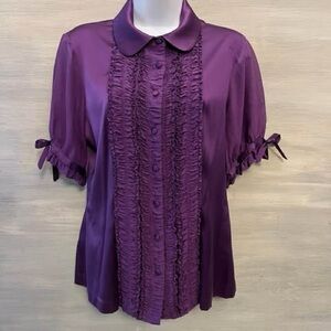 Arden B. Silk Purple Ruffle Front Button Down Blouse Size Medium Good Condition